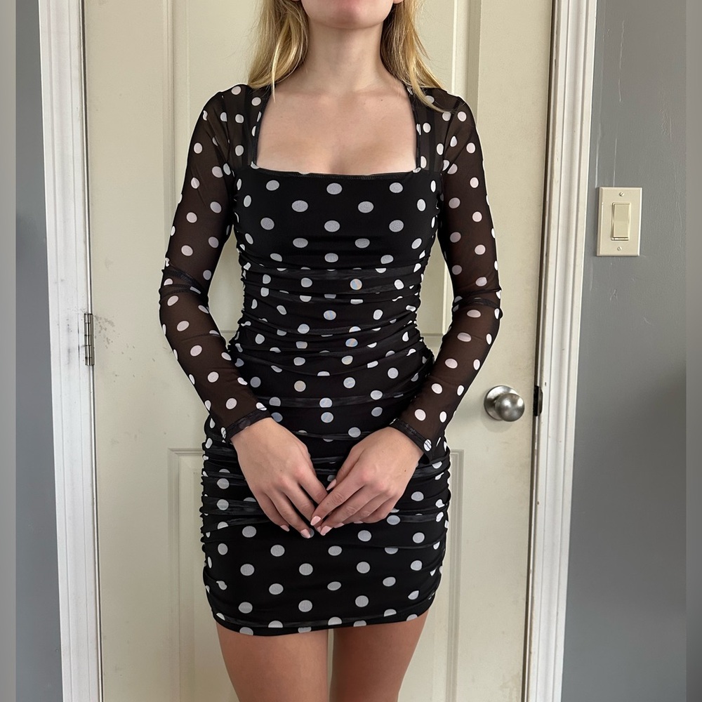 Black dress with white polka dots, short, size small